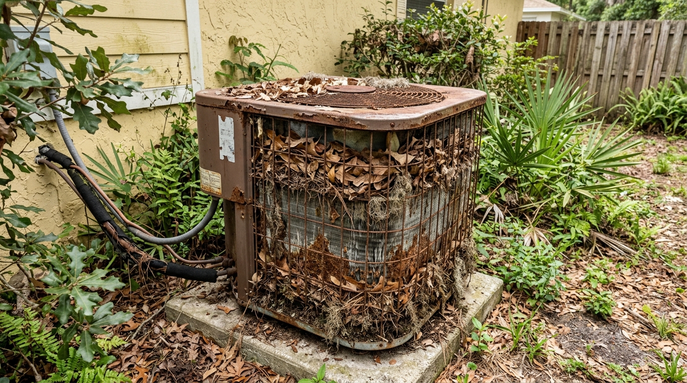 Corroded Rusted Outdoor Condenser Unit Before Replacement